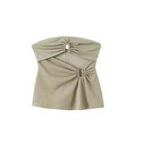 Fongt Design Metal Decoration Folded Breast 2025 Summer Sexy Shoulder Repair Short-Term Waistcoat Woman