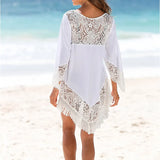 Women Summer Dress Sexy Tunic For Beach Casual Dress O-Neck Lace Patchwork Mini Beach Dress White