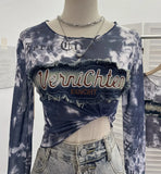 Fongt Shooting Hottie Perspective Dye Mesh Spliced Denim Long-Sleeved Shirt T-Shirt T-Shirt 26121