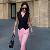 Fongt V-Neck Small Suit Vest Women With Retro Short Folded Oversleeping Vest Sleeveless Shoulder Coat