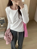 Color U-Collar Long-Sleeved T-Shirt Women's Early Autumn New Loose-Fitting Short Top Threaded Cotton Bottomed Shirt-Outfit