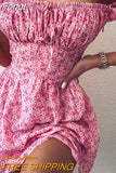 The Shoulder Pink Sundresss Women Short Sleeve Mini Beach Boho Dress Ruffled Floral Print Dresses Harajuku Dress Flower