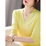 Fongt New Small Fragrant Wind V-Neck Pearl Button Ice Silk Sweater Age Reduction Show Thin Gentle Temperament Jacket-Outfit
