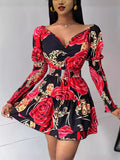 New Flower Printing Waist V Collar Bubble Sleeve Dress-Outfit