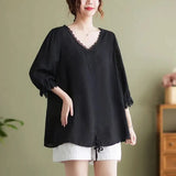 Solid Color Loose T-shirt Petal Sleeve Spring Summer New Women's Clothing All-match Lace Spliced Elegant V-Neck Pullovers-Outfit