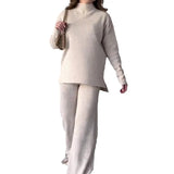 Fongt 2025 New Fashion Pure Color Round-Neck Casual Knitted Wide Leg Trousers Two Sets