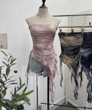 Fongt Dyed Lotus Leaf Edge Mesh Shaft Irregular Ribbon Thin Belt Wrapped Bra Vest Top 9956