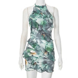 Fongt Women's Summer New Color Print Sleeveless Hanging Neck Tie Rope Big Bare Back Sexy