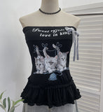Fongt Kitten Print Bow Sweetheart Hottie With Chest Pads With Chest Bra Vest Wooden Ear Top 1270