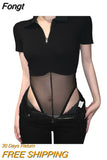 Women Mesh Patchwork Bodysuit Summer Sexy Black Solid Color Quarter Zip Turn-down Neckline Jumpsuit Club Wear Women