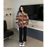 Striped Knitted Cardigan Women Streetwear Gradient Sweater Coat Harajuku Plus Size Knitwear Korean Patchwork Jumper Tops-Outfit