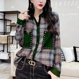 Vintage Printed Blouse Casual Loose Turn-down Collar Spring Autumn Pockets Commute Single-breasted Stylish Beading Shirt-Outfit