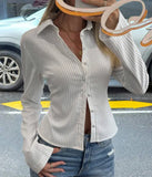 Fongt Striped Casual Open-Shirt Button Long-Sleeved Shirt