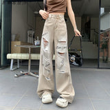 Fongt High Street Ripped Jeans Women's Summer New Thin High-Waisted Straight-Legged Loose Drag Trousers