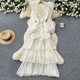 Fongt Dress Women 2025 New High-End Lace To Receive Waist Lantern Sleeves Side Long Dress Dress