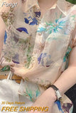 Printed Elegant Turn-down Collar Shirt Female Korean Casual Pockets Spliced Short Sleeve Blouse Summer Women's