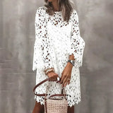 Fashion Women Lace Crochet Work Sundress 2PCS Spring Elegant Long Flare Sleeve Sundress Robe Femme Hollow Out Midi