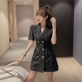Summer New Suit Dress Women's Korean Style Puff Sleeve Waist Slim Double-breasted Temperament Skirt Vestidos-Outfit