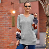 Fongt New Sweater Women Autumn And Winter Explosion Chicken Heart V Neck Lantern Sleeve Striped Knitted Shirt
