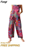 Women Casual Floral Print Strappy Dungarees Vintage Cotton Linen Loose Party Long Harem Overalls Rompers