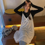 Summer New Lace Embroidery Dresses Simple Korean White Strap Dress for Women Y2k E-Girl Mid-length Loose Vestidos Mujer-Outfit