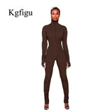 2021 Fall Rib Women Brown Rompers High Neck Soft Bodycon Jumpsuit Lady Birthday Long Sleeve Overalls Stretchy