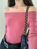 Slash Neck Tee Women's Slim Simple Off-shoulder Full Sleeve T-shirts Girl Solid Stretchy Tshirt Top-Outfit