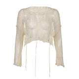 Spice Girl Solid Color Hollowed-Out Perspectivetouch Shoulder Woolen Blouse 2023 Ragged Design Blouse-Outfit
