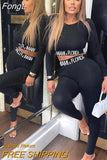 Letter Print Bandage Women 2 Piece Set Long Sleeve Crop Top High Waist Leggings Set Matching Outfits Sportswear Work