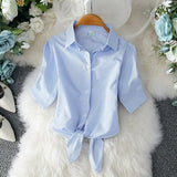 White Shirt Female 2020 Summer New Korean Loose Bowknot College Style Short Sleeve Striped Blouse Women Tops Large