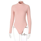 Ribbed Knitted Stripe Women Solid Bodysuit Long Sleeve Turtleneck Bodycon Sexy Club Streetwear 2020 Autumn Winter