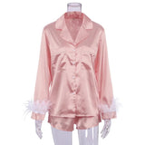 Satin Women Pajamas 2 Piece Set Sleepwear with Feather Cuff Soft Elgant Pajamas Women Nightgown Luxury Ladies'
