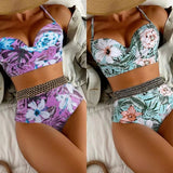 2023 New Floral Split Weaving Belt High-Waisted Conservative Swimsuit