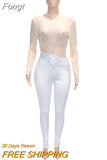 Beautiful Sheer Mesh Crystal Jumpsuits Women Rompers Glam Long Sleeve See-Through Rhinestones Romper Night Out
