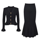 Fongt V-Neck Loaf Side Long Sleeve Open Shirt Bag Hip Fishtail Long Dress Elastic Knitted Two-Piece Suit Woman