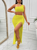 Fongt Women's Wear 2024 Summer Casual Solid Color Diagonal Collar Dress Slit Suit-Outfit