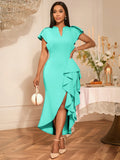 Fongt V-Neck Loaf-Side Dress High-Waisted Open-Fork Irregular Hem Dinner Dress Dress Dress