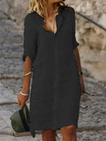 Fongt Ms.'S New Solid-Color Casual Casual Collar Single-D Row Buckle Sleeve Cotton Shirt Mid-Long Dress