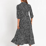 Polka Dot Chiffon Dress Women Turn-down Collar 3/4 Sleeve Belt Elegant Ladies Midi Dresses Boho Casual Long Shirt