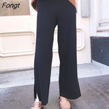Autumn/Winter Women Pants Warm High Waist Loose Knitted Wide Leg Pants Baggy Side Slit Casual Pants