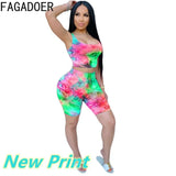 Women Tie Dye Print 2 Pieces Sets Tracksuits Crop Top Side Lace-Up Bandage Shorts Ladies Sexy Tracksuits Hollow