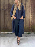 Fongt Spring And Autumn Cotton Tamply Size Women's Loose Casual V-Neck Long-Sleeved Trousers Two-Set Set