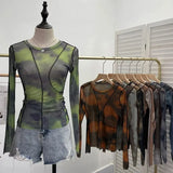 Spring Slim Women See-through Irregular Patchwork Mesh T-shirts Girls O-neck Full Sleeve Sheath Thin Crop Tops-Outfit
