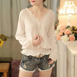Spring New Long Sleeve V-Neck Stylish Hollow Out Blouses Elegant Ladies Korean Casual Solid Color Thin Pullovers Shirts-Outfit