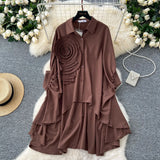 Fongt Version Of High-End Sense Polo Collar Shirt Women Autumn Three-Dimensional Flowers Loose Irregular Folding Tail Design Top