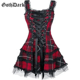 Dark Plaid Bandage Gothic Women A-line Dresses Grunge Aesthetic Lace Trim Patchwork Mini Dress Punk Bodycon Sexy
