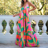 Fongt Summer New Commuting Style French Dress Deep V-Neck Bare Back Sling Print