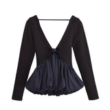 Fongt Women's New Flower Decoration V-Neck Black Long Sleeves Under The Top