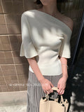 Fongt Xixi 2025 Autumn New White Standard Simple Temperament Collar Wool Solid Color Knitted Short-Sleeved Women's Top 25332