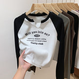 Shoulder V-Collar T-Shirt Women's Long-Sleeved Spring And Autumn Decoration With Threaded Bottomed Shirt And Short High-Waist Chic